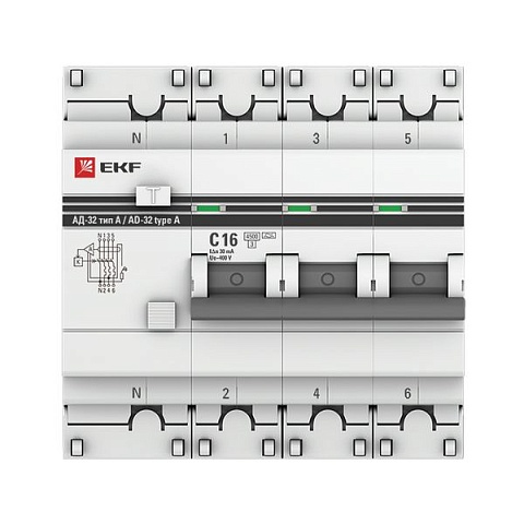 EKF PROxima АД-32 Диф. Автомат (C)  3P+N 16А/30мА тип А 4,5кА