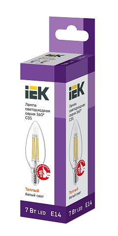 IEK Лампа LED C35 свеча прозрачный 7Вт 230В 3000К E14 серия 360°