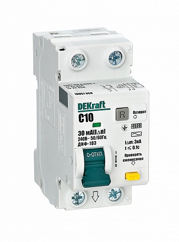 Dekraft Дифференциальный автомат (АВДТ) 1Р+N 10А 30мА тип AC х-ка C ДИФ-103 4.5кА