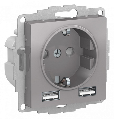 Systeme Electric AtlasDesign Алюминий SO + USB Розетка A+A, 5В/2,4А, 2х5В/1,2А, механизм