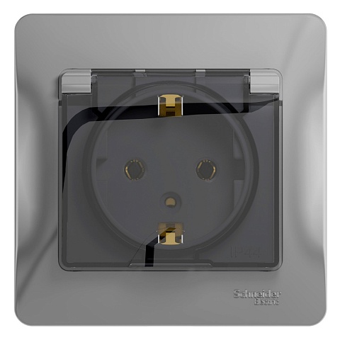 Systeme Electric Glossa Алюминий Розетка с/з со шторками с крышкой, IP20 (в сборе с рамкой)