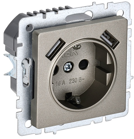IEK BRITE BASE Шампань Розетка с з/к/ш 16А с USB A+A 3,1А РЮш10-2-БрШ