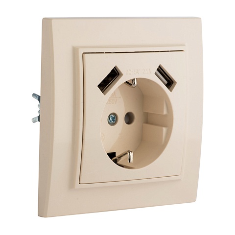 EKF Basic Минск Бежевый Розетка с/з, со шторками, 16А, с 2 USB 2,1А, СП