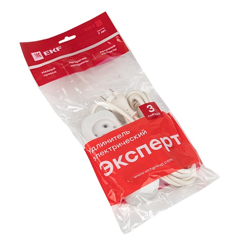 EKF PROxima Удлинитель "Эксперт" 3 гнезда 3 метра 10А/2,2кВт без заземления ПВС 2х0,75