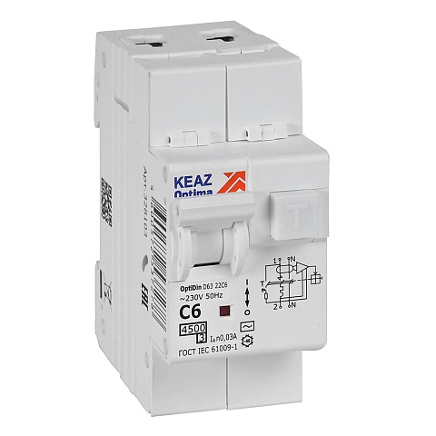 КЭАЗ АВДТ с защитой от сверхтоков OptiDin D63-22C6-AC-У3 (2P, C6, 30mA, 4,5кА)