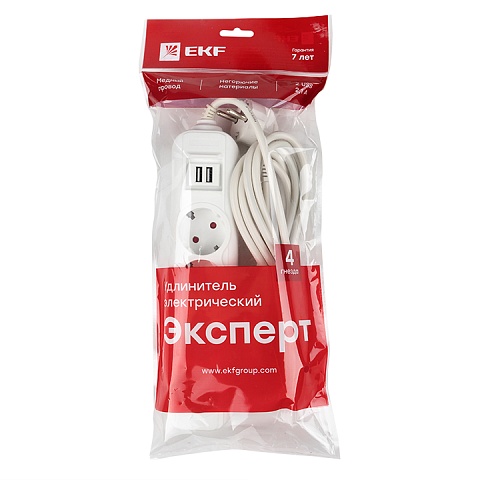 EKF PROxima Удлинитель "Эксперт" 4 гнезда 3 метра 16А/3,5кВт с 2 USB 2,1А ПВС 3х1