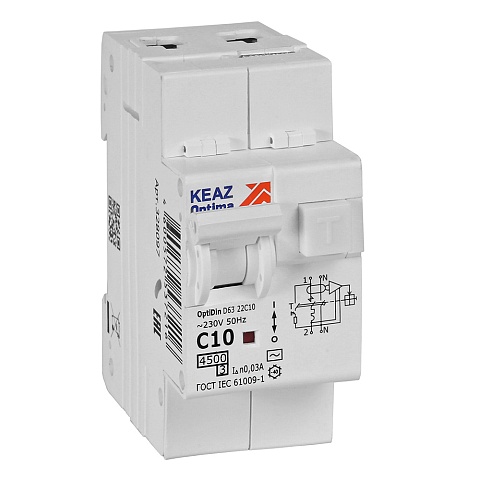 КЭАЗ АВДТ с защитой от сверхтоков OptiDin D63-22C10-AC-У3 (2P, C10, 30mA, 4,5кА)
